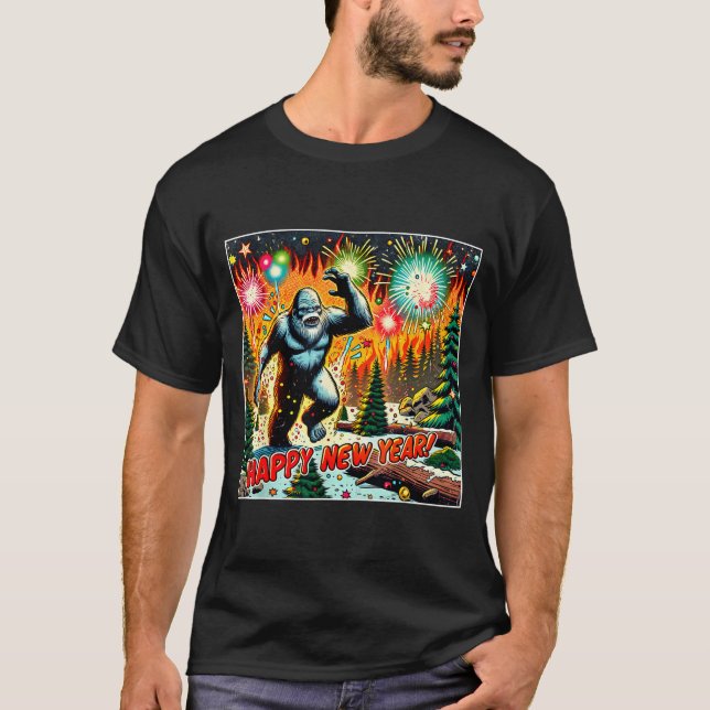 Funny New Years Eve 2024 Bigfoot And Fireworks Hum T-Shirt (Front)