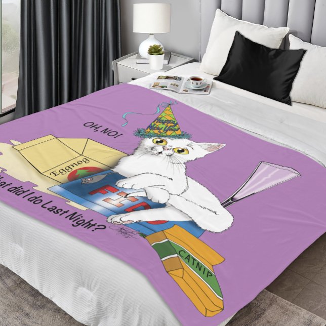 Funny New Year's Eve Aftermath White Cat Fleece Blanket (Creator Uploaded)