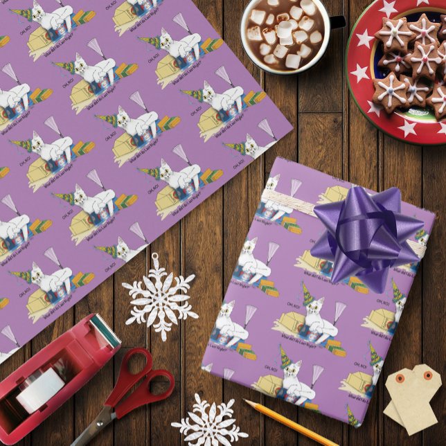 Funny New Year's Eve Aftermath White Cat Wrapping Paper (Creator Uploaded)