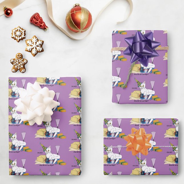 Funny New Year's Eve Aftermath White Cat Wrapping Paper Sheet (Creator Uploaded)