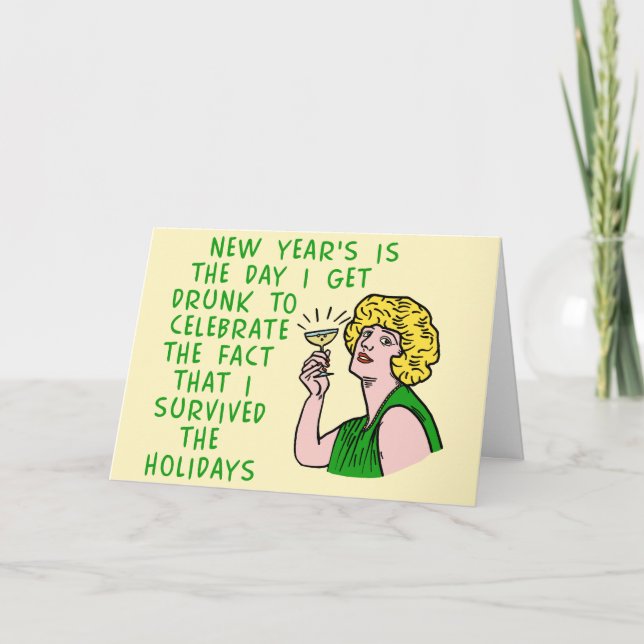 Funny New Years Retro Drinking Woman Champagne Holiday Card (Front)