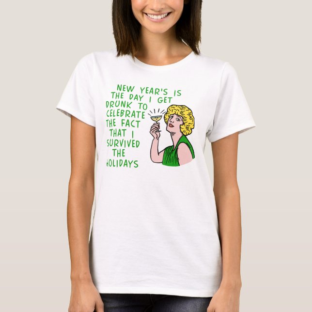 Funny New Years Retro Drinking Woman Champagne T-Shirt (Front)