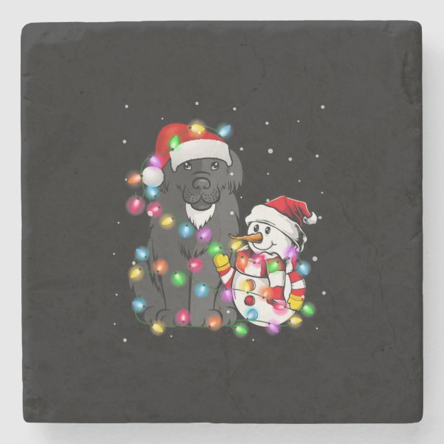 Funny Newfoundland Dog Christmas Tee Snowman Light Stone Coaster (Front)