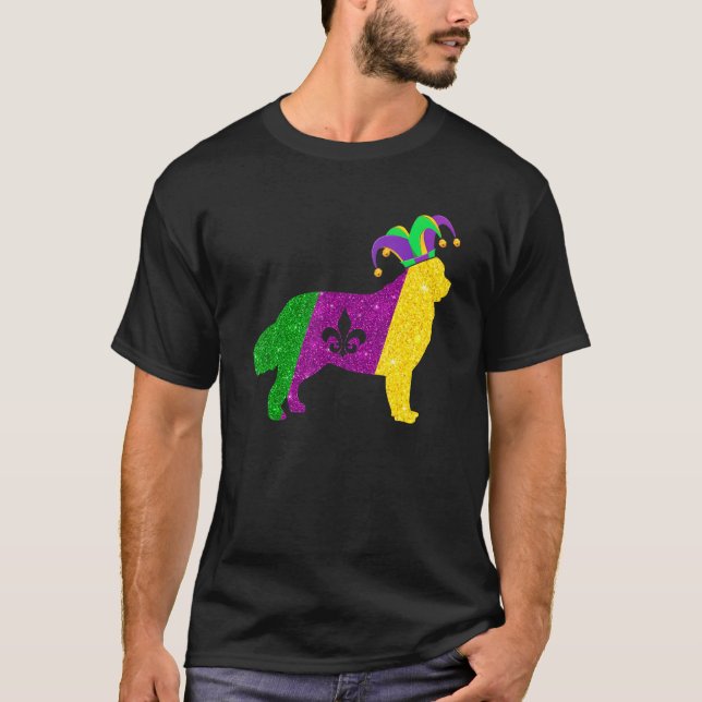 Funny Newfoundland Dog Mardi Gras Party Mask Beads T-Shirt (Front)