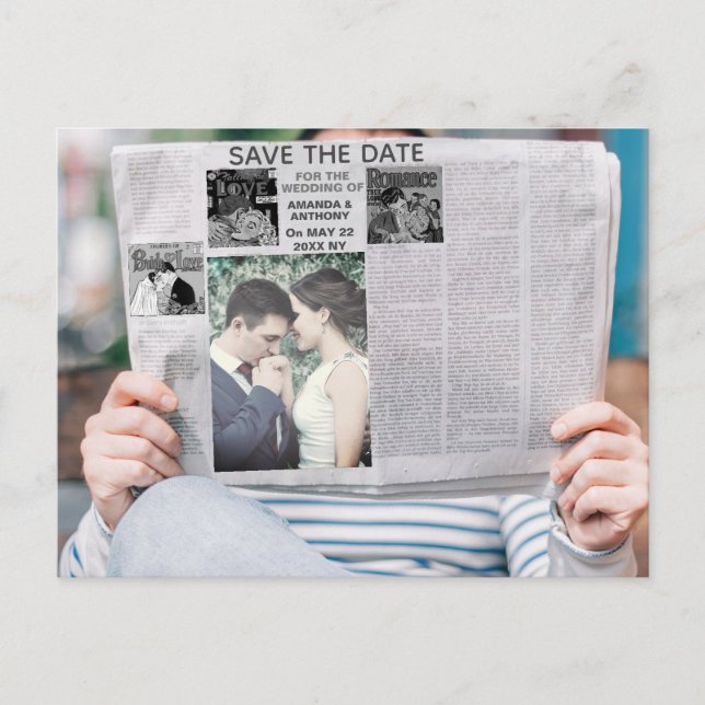 Funny newspaper custom photo save the date invitation postcard (Front)