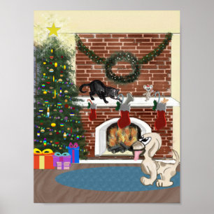 Funny Night Before Christmas Dog Cat Illustration Poster