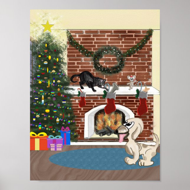 Funny Night Before Christmas Dog Cat Illustration Poster (Front)