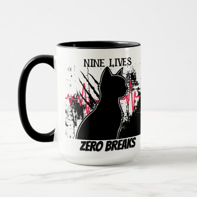 Funny "Nine Lives Zero Breaks" Cat lover Med Humou Mug (Left)