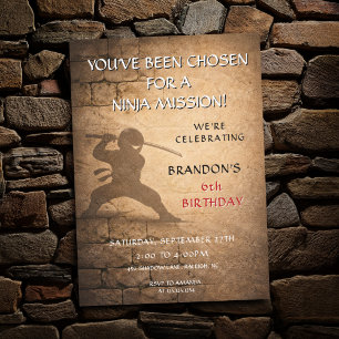 Funny Ninja Mission Aged Stone Wall Kids Birthday Invitation