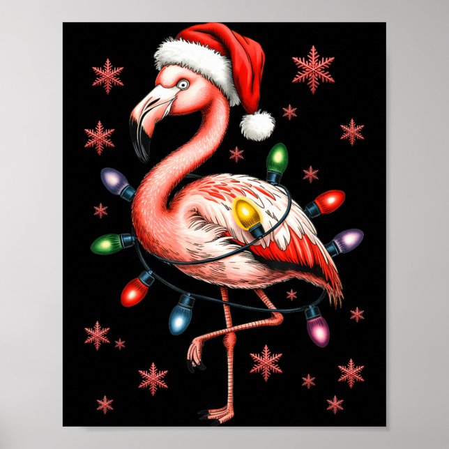 Funny Nk Flamingo Christmas Tree Lights Xmas Snowf Poster (Front)