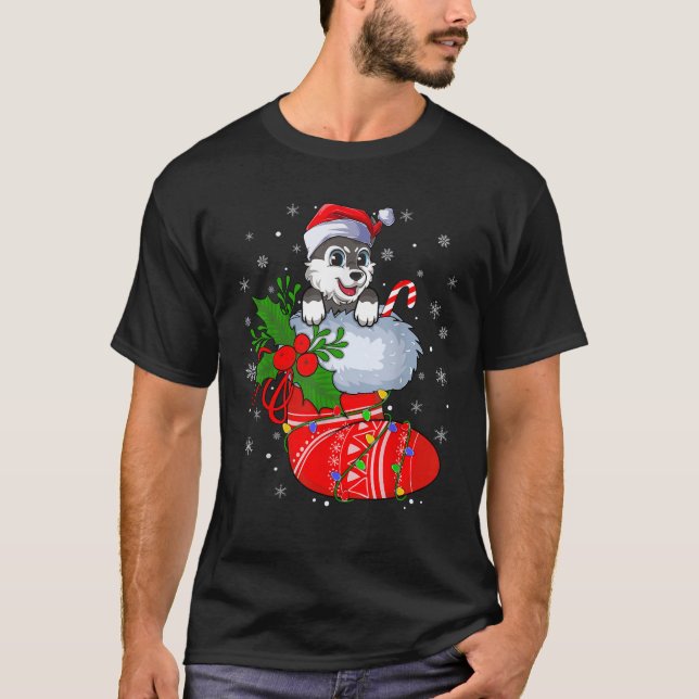 Funny Norwegian Elkhound Dog In Christmas Socks Li T-Shirt (Front)