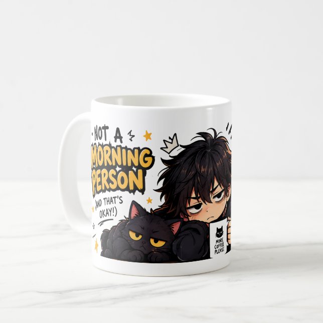 Funny Not A Morning Person Coffee Chibi Cat Mug (Front Left)