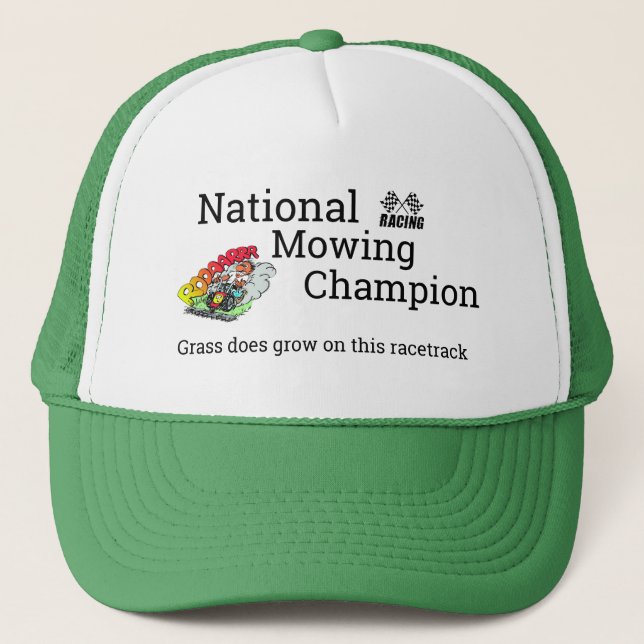 Funny Novelty Graphic NATIONAL MOWING CHAMPION Trucker Hat (Front)