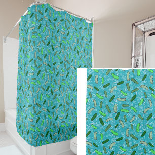 Funny Novelty Pickles and Flowers Teal Shower Curtain