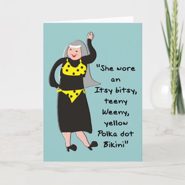 Funny Nun Cards "Yellow Polka Dot Bikini" (Front)