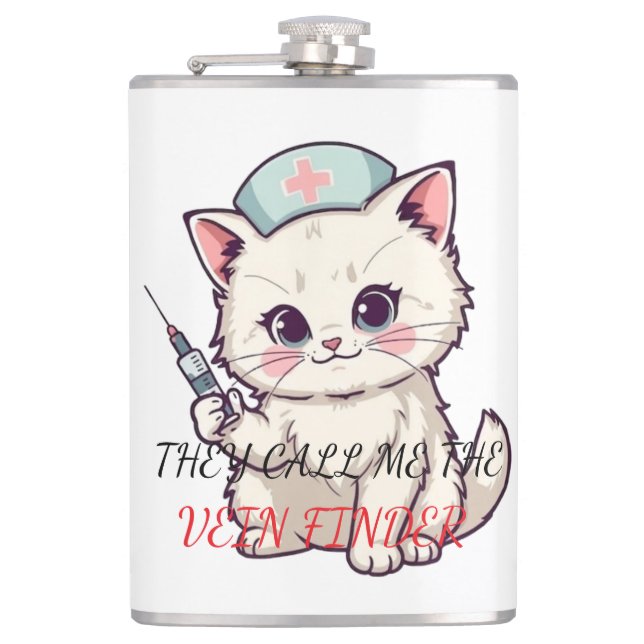 Funny Nurse Cat The Vein Finder Personalised Hip Flask (Front)