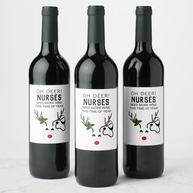 Funny Nurse Christmas Reindeer Stethoscope Wine Label (Bottles)