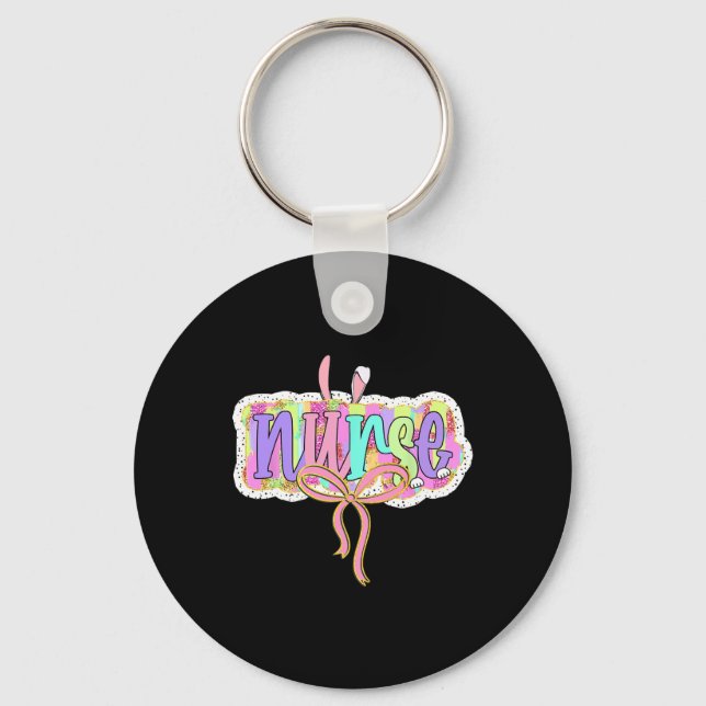Funny Nurse Coquette Bow Brushstroke Doodle Bunny  Key Ring (Front)