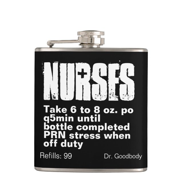 Funny Nurse Prescription Black Vinyl Wrapped Flask (Front)