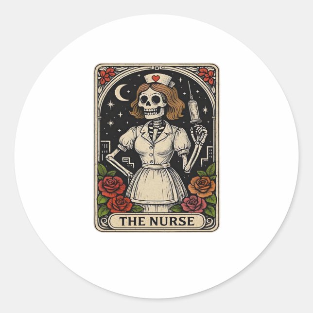 Funny Nurse Skeleton Tarot Card Halloween Nursing  Classic Round Sticker (Front)