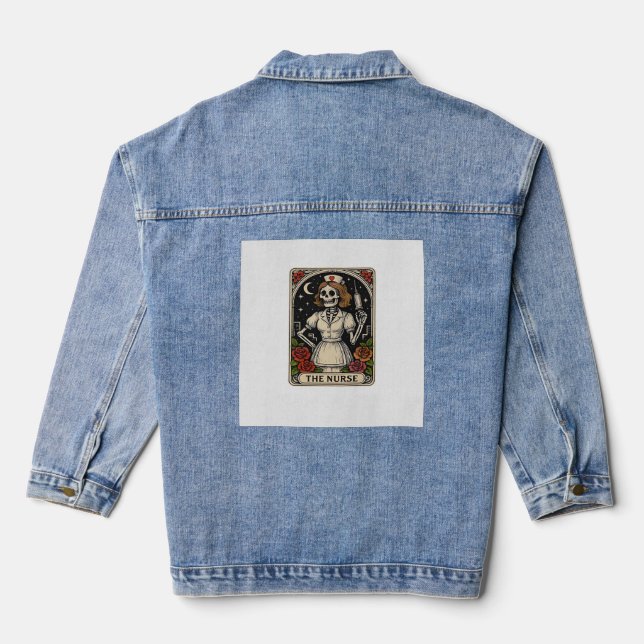 Funny Nurse Skeleton Tarot Card Halloween Nursing  Denim Jacket (Back)