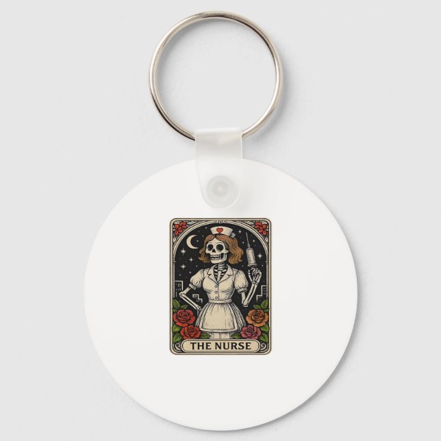 Funny Nurse Skeleton Tarot Card Halloween Nursing  Key Ring (Front)