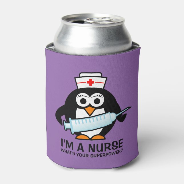 Funny nursing can cooler with cute penguin nurse (Can Front)