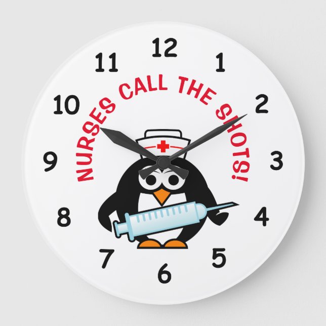 Funny nursing wall clock with cute penguin nurse (Front)