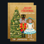 Funny Nutcracker & Clara Add Your Face Christmas  Holiday Card<br><div class="desc">Funny Nutcracker and Clara by an elegant green and gold sugar plum Christmas tree. Vintage font and textured gold background complete the design. Design Tip: to align face(s) 1) click on Edit Design 2) select mask (photo layer) 3) click edit mask 4) align the bottom of the oval with the...</div>