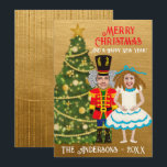 Funny Nutcracker & Clara Add Your Face Christmas  Holiday Card<br><div class="desc">Funny Nutcracker and Clara by an elegant green and gold sugar plum Christmas tree. Vintage font and textured gold background complete the design. Design Tip: to align face(s) 1) click on Edit Design 2) select mask (photo layer) 3) click edit mask 4) align the bottom of the oval with the...</div>