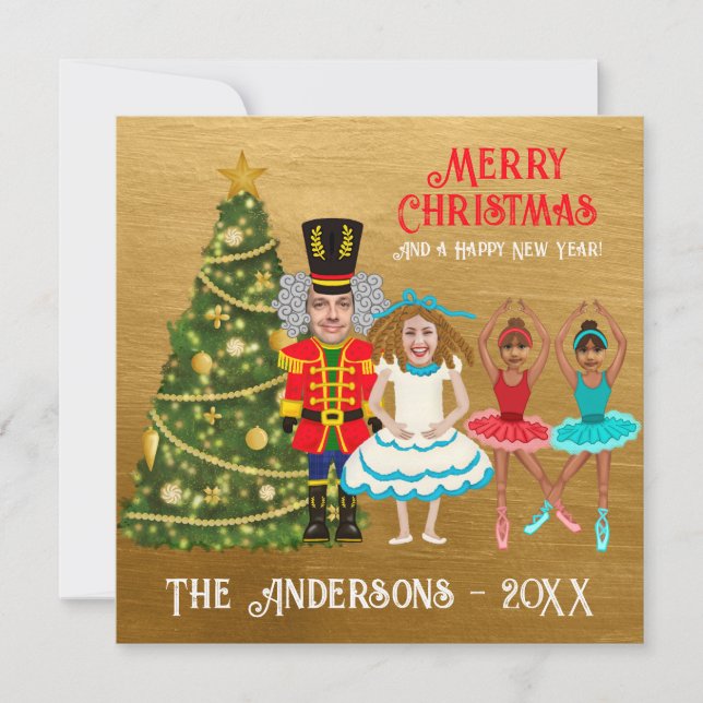 Funny Nutcracker Family of Four | Twin Girls  Holiday Card (Front)