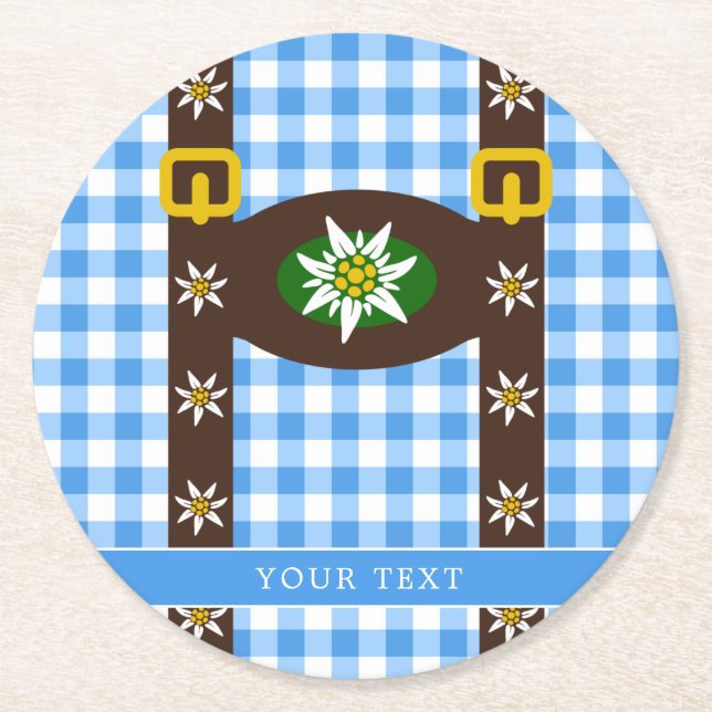 Funny Octoberfest Lederhosen Suspenders Round Paper Coaster (Front)