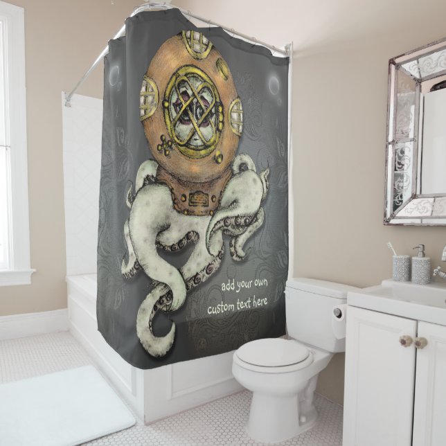 Funny Octopus Diver Sketch Personalised Shower Curtain (In Situ)