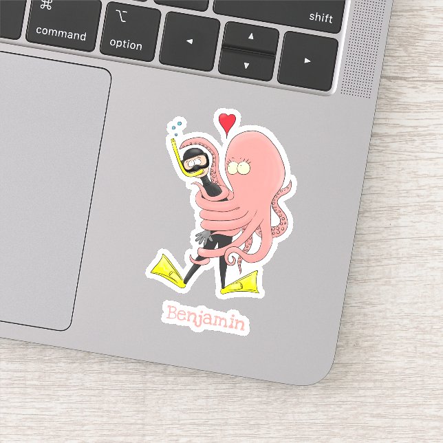 Funny octopus hugs diver cartoon humour (Detail)