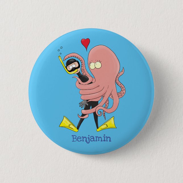 Funny octopus hugs diver cartoon humour 6 cm round badge (Front)
