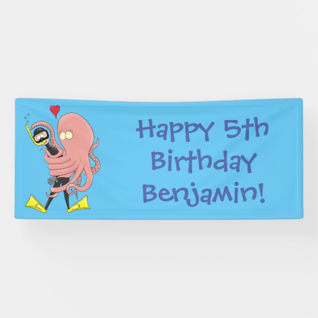 Funny octopus hugs diver cartoon humour banner (Horizontal)
