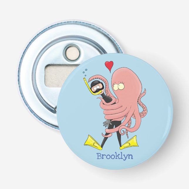 Funny octopus hugs diver cartoon humour  bottle opener (Front)