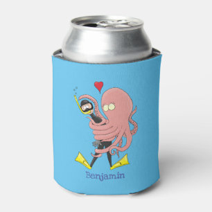 Funny octopus hugs diver cartoon humour can cooler