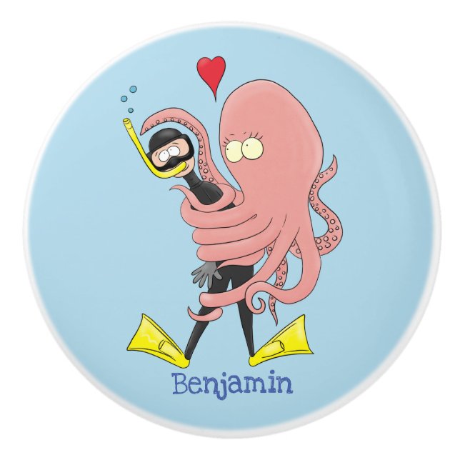 Funny octopus hugs diver cartoon humour ceramic knob (Front)