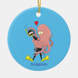 Funny octopus hugs diver cartoon humour ceramic ornament