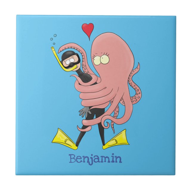 Funny octopus hugs diver cartoon humour ceramic tile (Front)