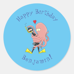 Funny octopus hugs diver cartoon humour classic round sticker