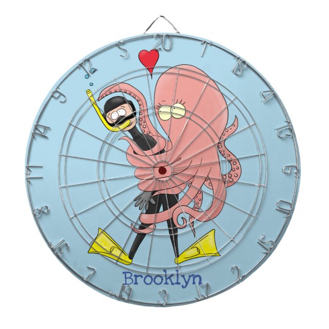 Funny octopus hugs diver cartoon humour dartboard (Front)