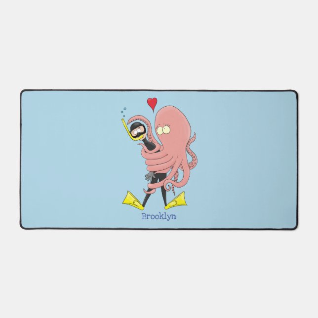 Funny octopus hugs diver cartoon humour desk mat (Front)
