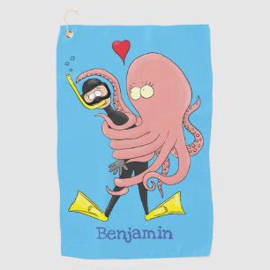 Funny octopus hugs diver cartoon humour golf towel