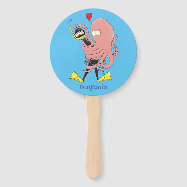 Funny octopus hugs diver cartoon humour hand fan (Front)
