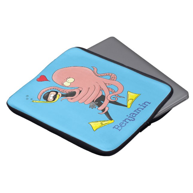 Funny octopus hugs diver cartoon humour laptop sleeve (Front Top)