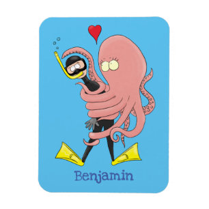 Funny octopus hugs diver cartoon humour magnet