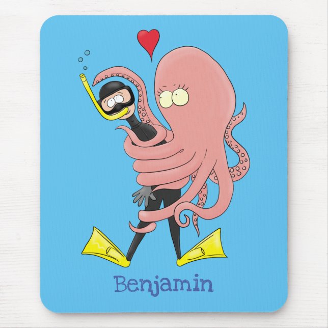 Funny octopus hugs diver cartoon humour mouse pad (Front)