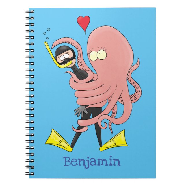 Funny octopus hugs diver cartoon humour notebook (Front)
